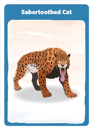 Playing card with cartoon illustration of a sabertoothed cat.